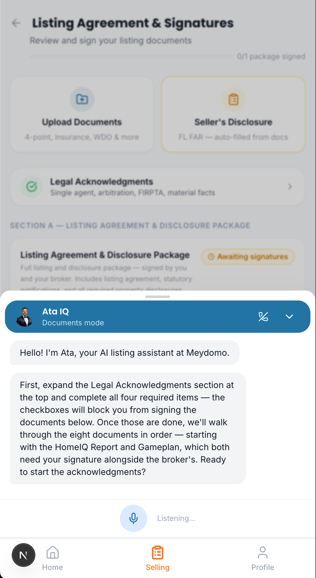 Ata IQ in Documents mode — voice panel open on the Listing Agreement & Signatures screen, guiding you through every page.